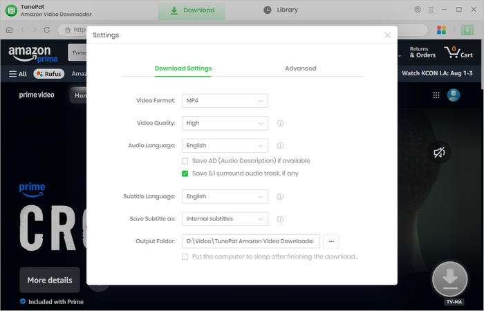 choose output settings for prime video