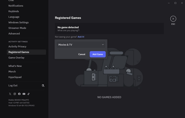 add media player as registered game on discord