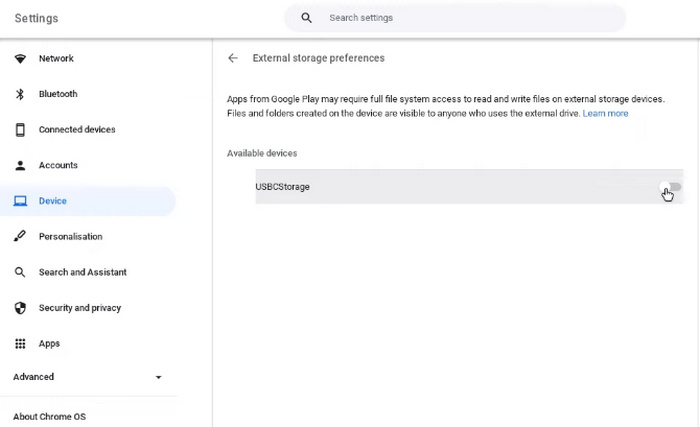 change external storage preference on chromebook device