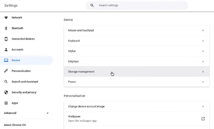 manage storage on chromebook device
