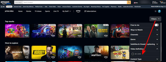 filter 4k amazon videos on the website