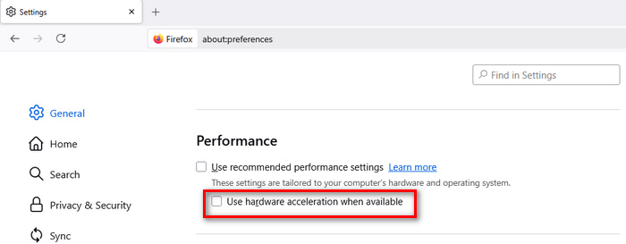 close hardware acceleration on firefox