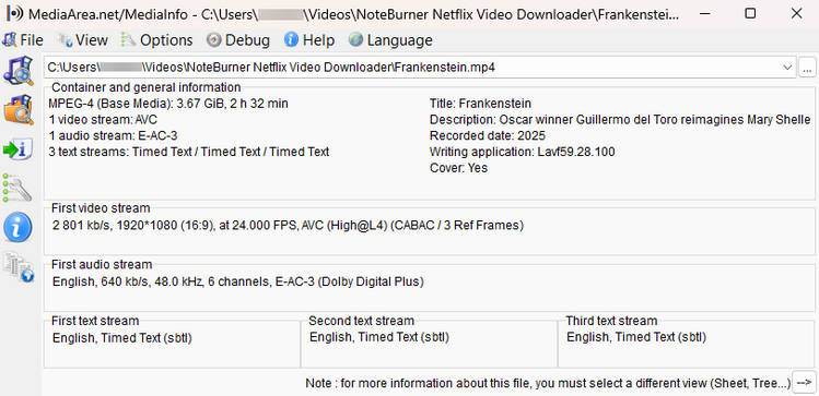 MediaInfo details of a Netflix video downloaded with NoteBurner