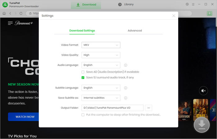 choose the output settings for Paramount Plus videos