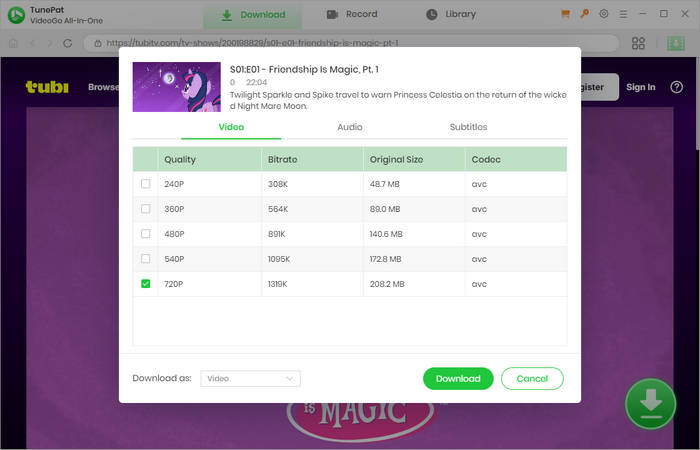 choose to download tubi in 720p