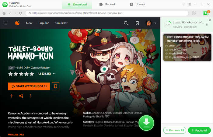 download crunchyroll episodes with tunepat