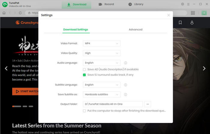 choose download settings for crunchyroll