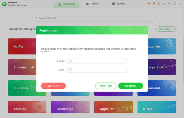 Register TunePat VideoGo All-In-One