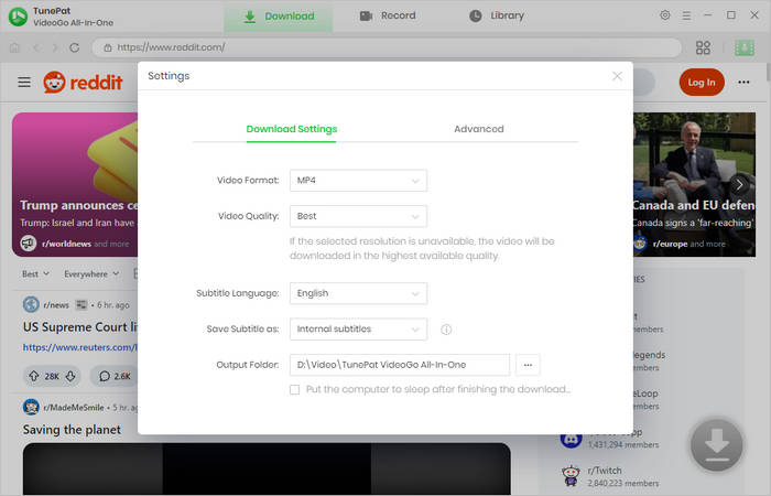 choose output settings for reddit video