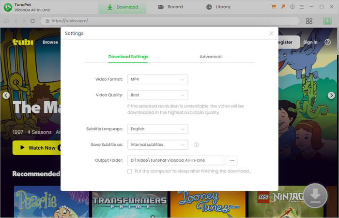 choose download settings for tubi tv