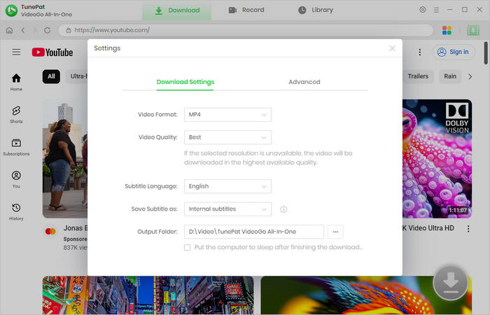 choose the output settings for downloading youtube videos